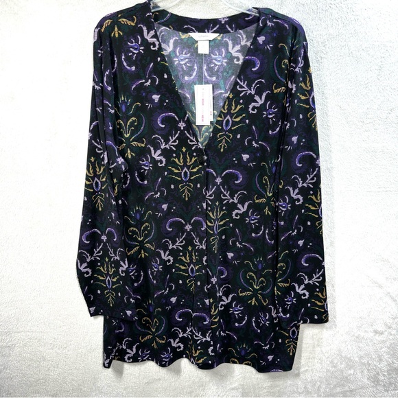 CJ Banks Sweaters - CJ Banks One Button Cardigan Stretch Knit 3/4 Sleeve Purple‎ Paisley NEW Size 1X